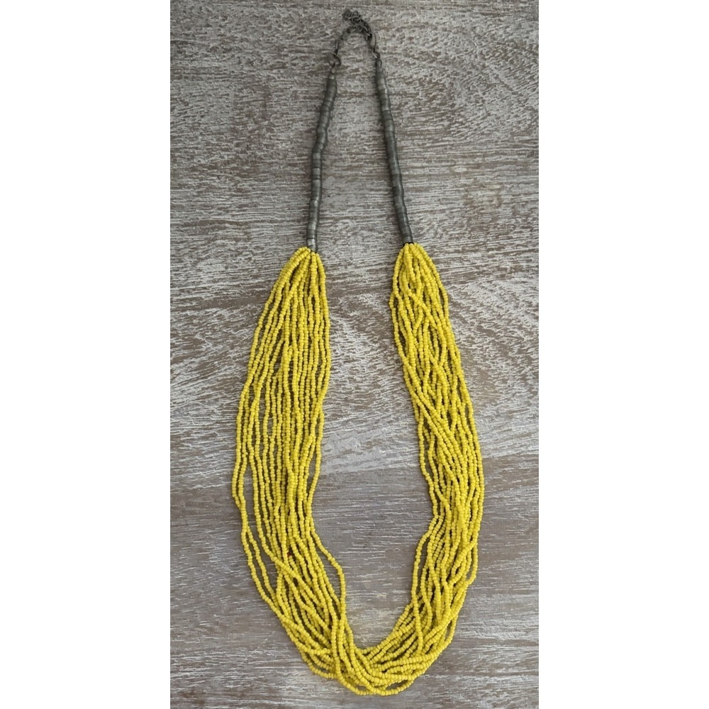 Multilayered Long Yellow Seed Bead Necklace With Silvertone Clasp Chunky Boho